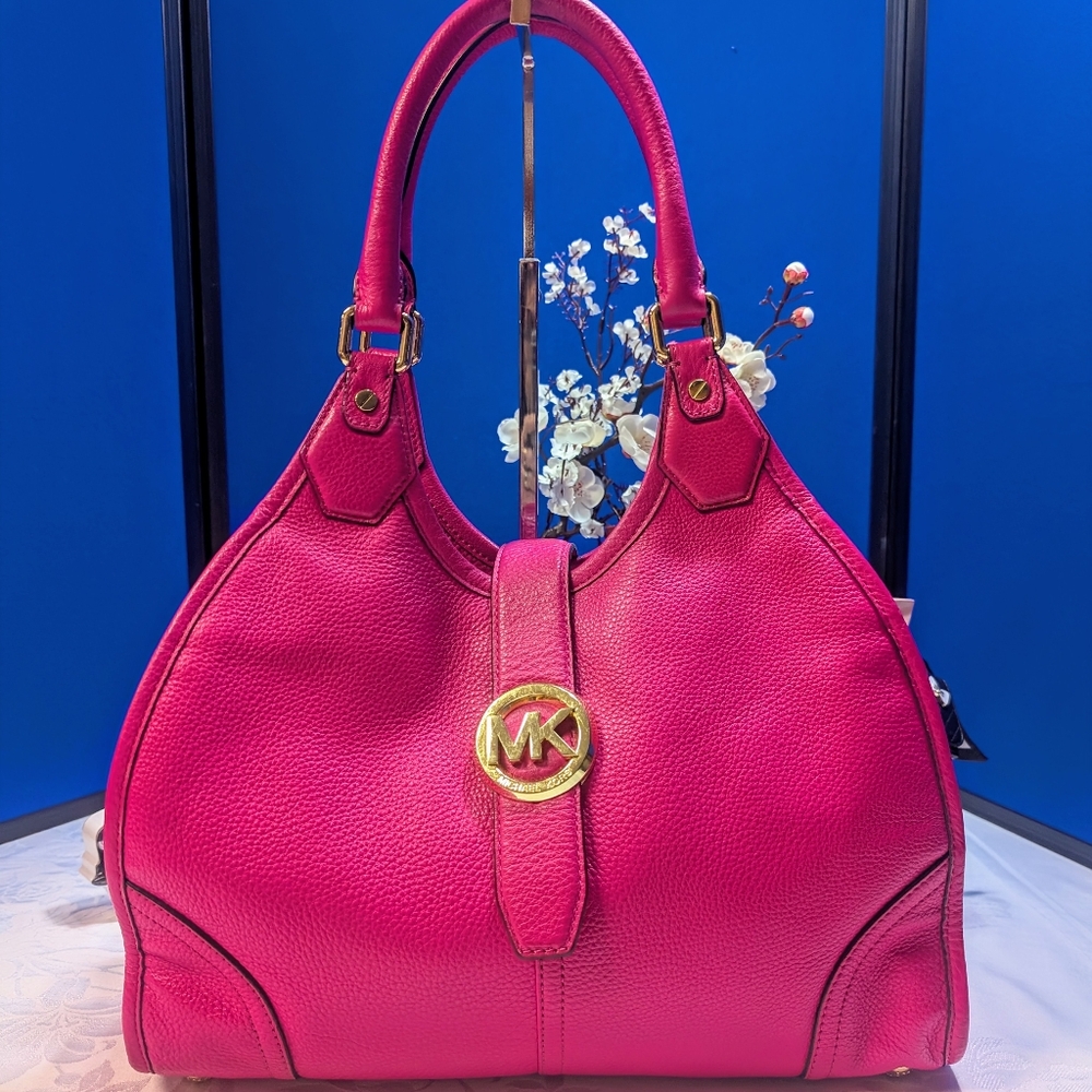 Michael Kors Hudson Large Leather Shoulder Bag - Raspberry💥